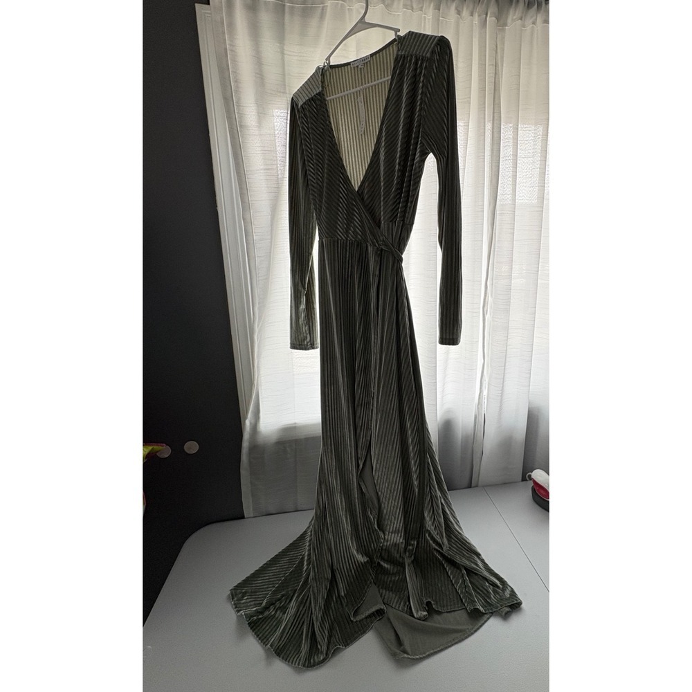 Long Sleeve V-Neck Wrap Maxi Dress in Olive Green